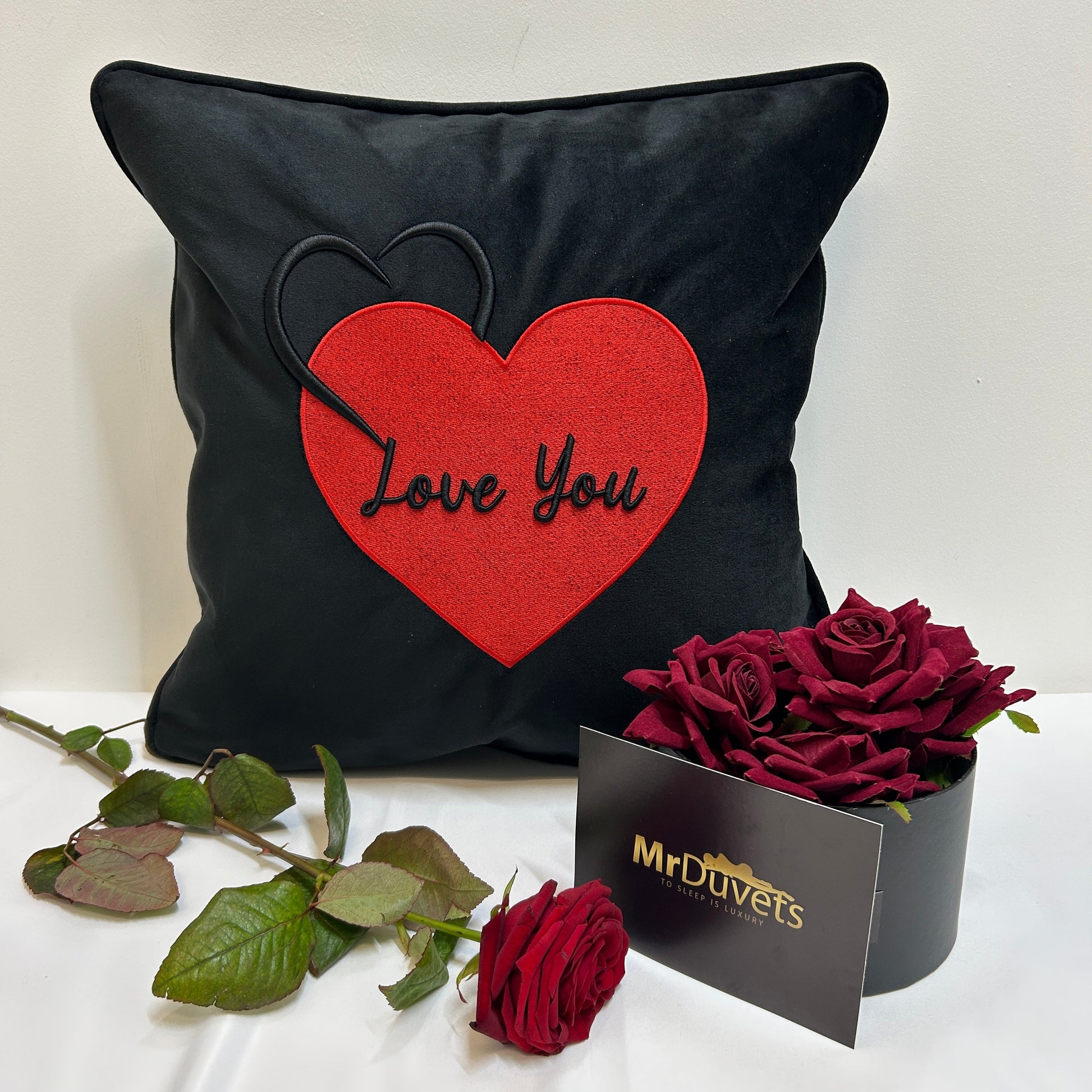 Love You Cushion 3D Puff Heart Black Velvet lifestyle shoot