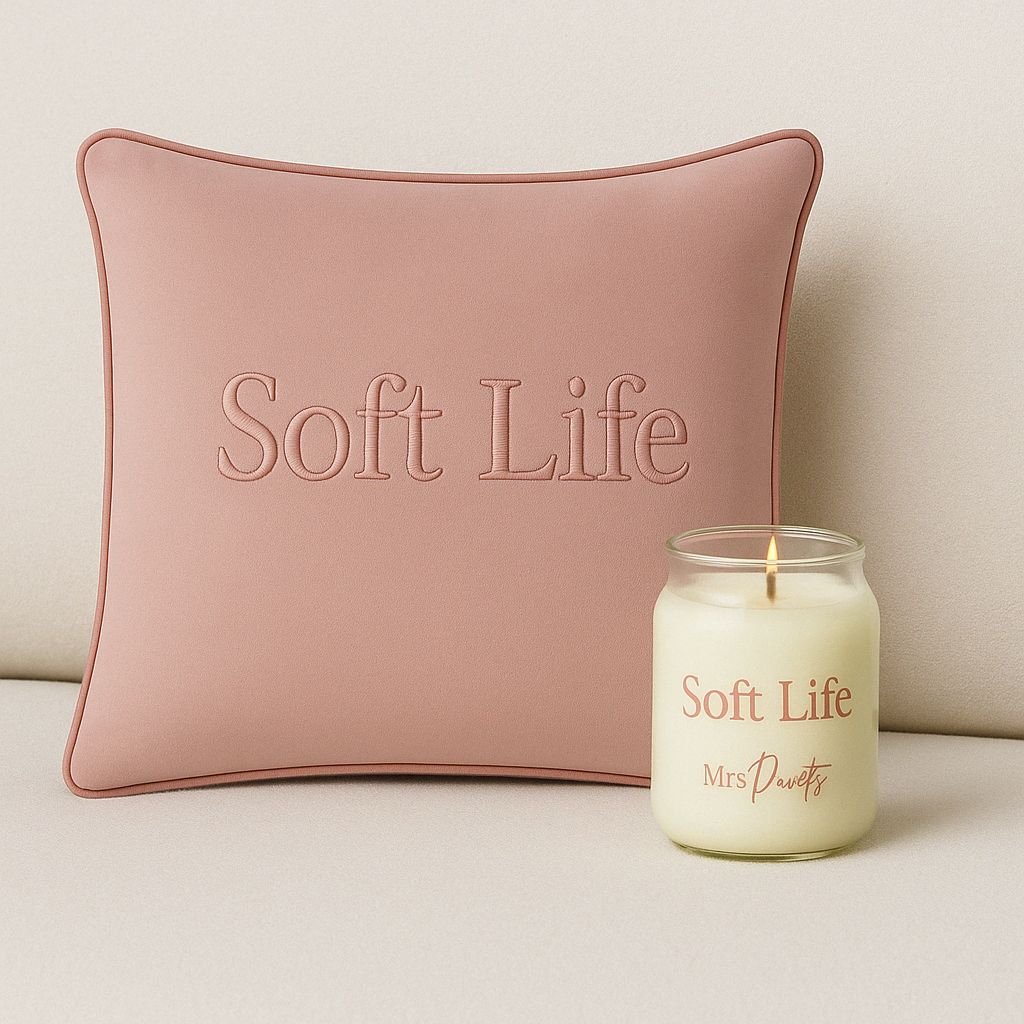 Soft Life Pink Luxury Cushion & Wellness Candle Gift Set lifestyle shoot