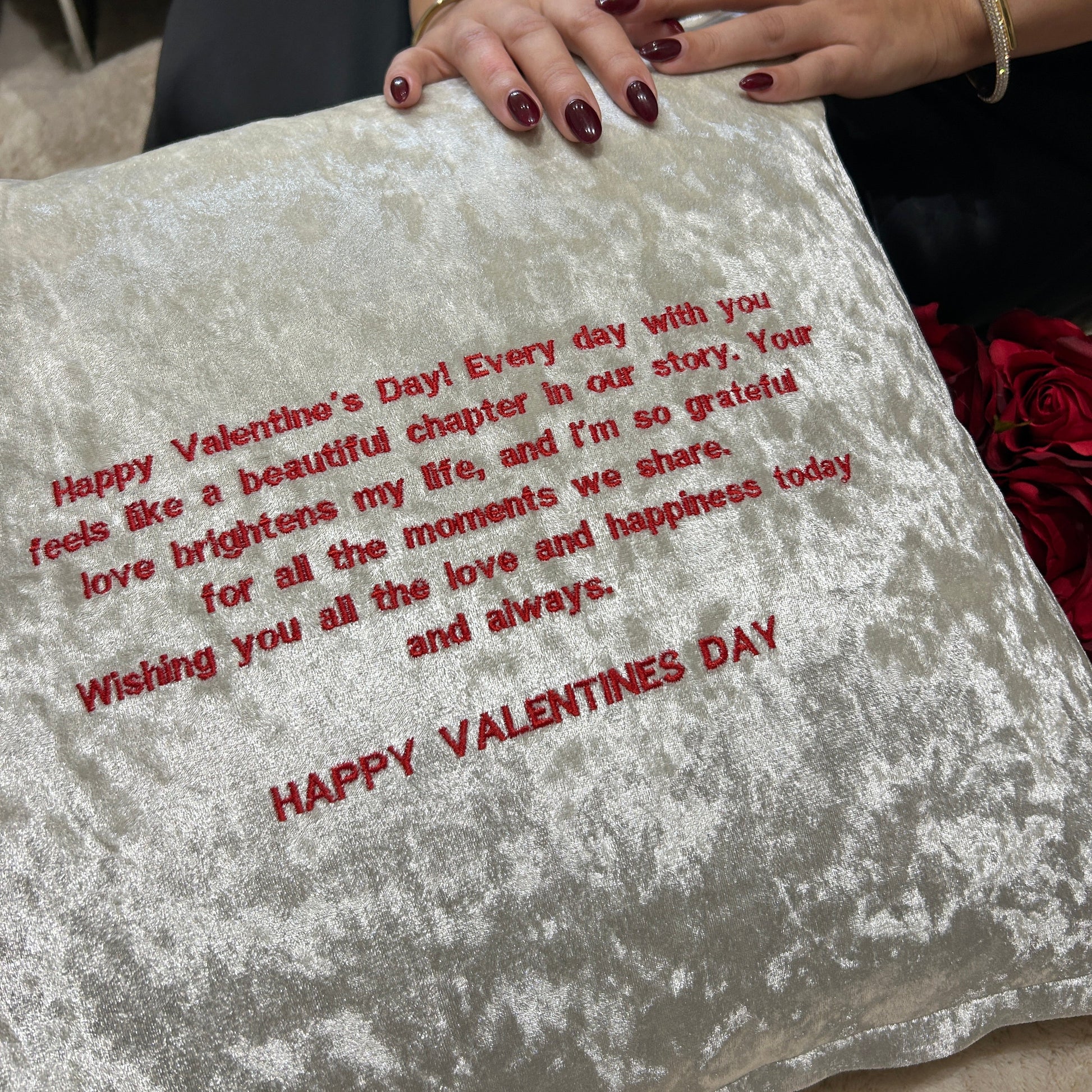 Happy Valentine’s Day Custom Champagne Velvet Cushion