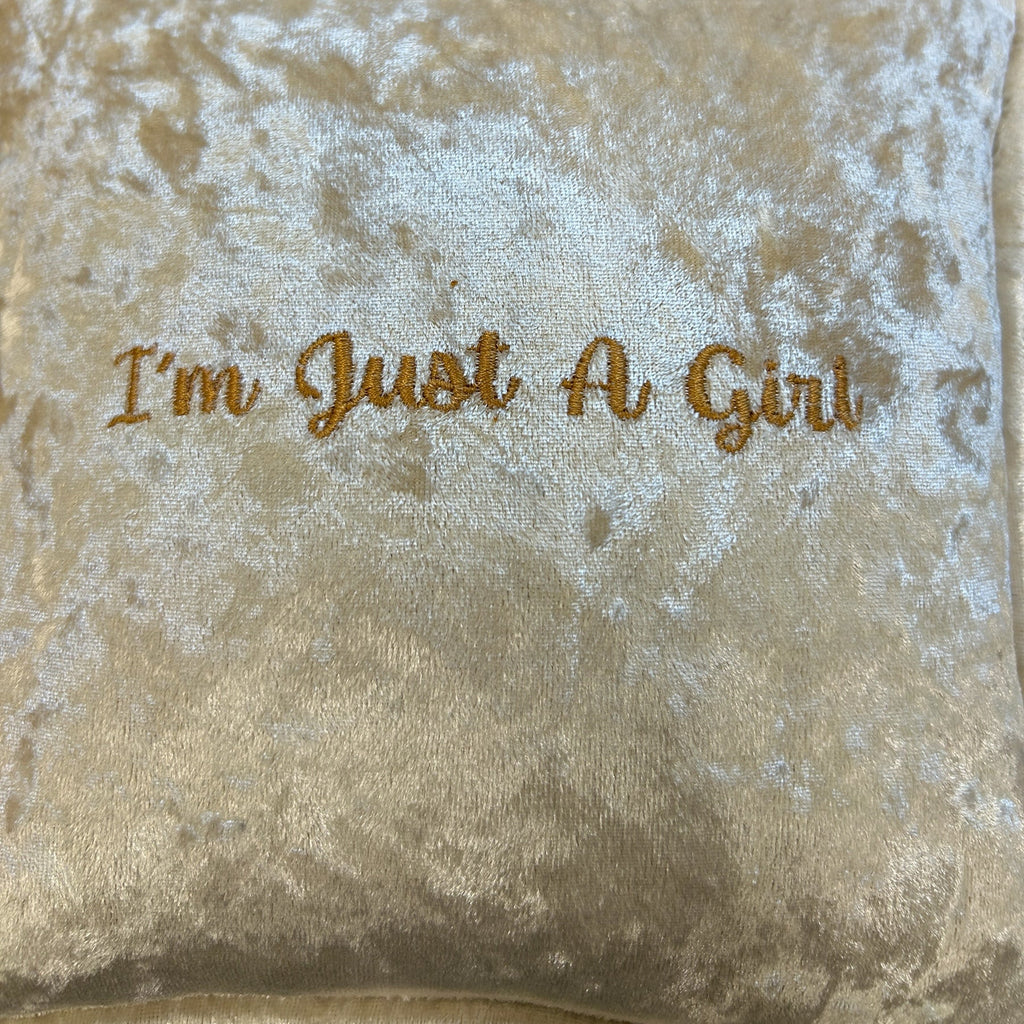 I'm Just A Girl Mini Velvet Cushion embroidery shot 