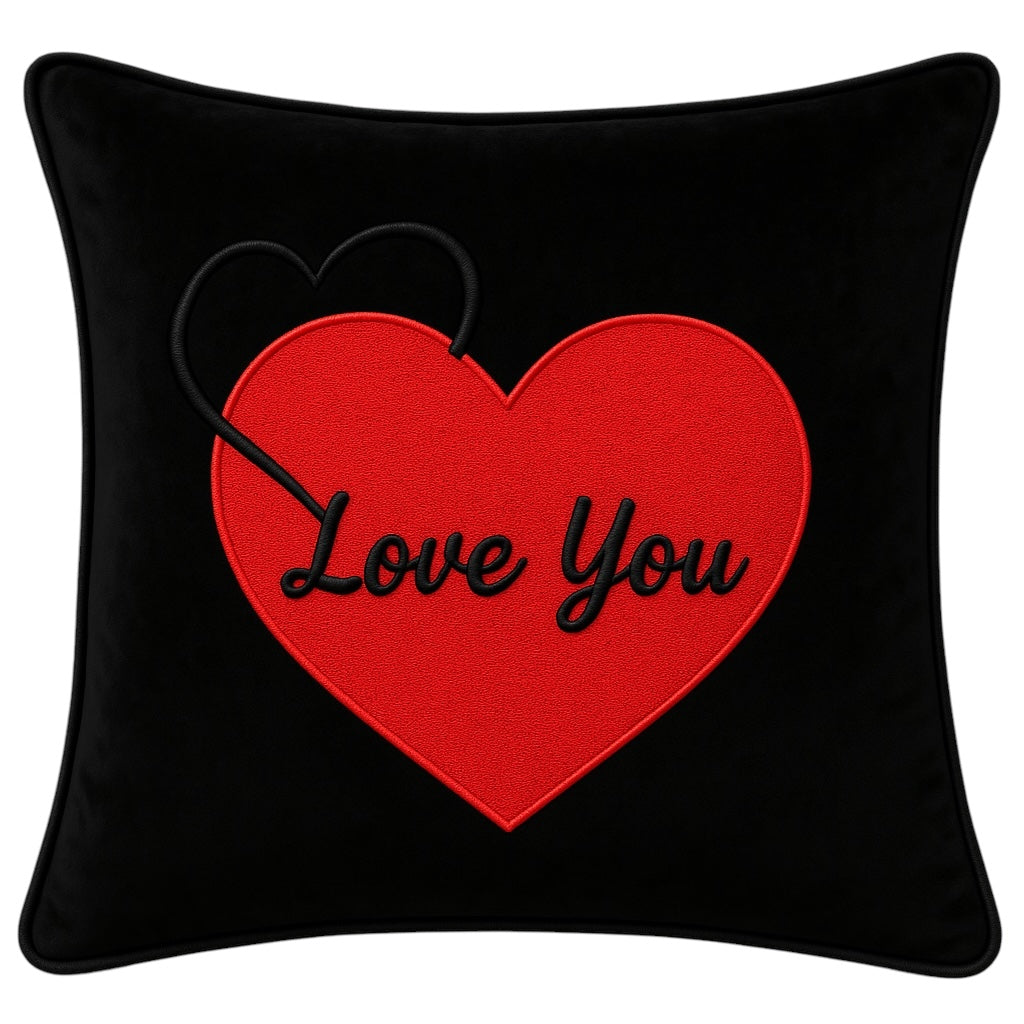 Love You Cushion 3D Puff Heart Black Velvet