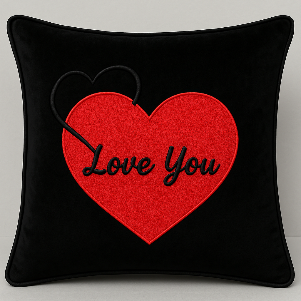 Love You Cushion 3D Puff Heart Black Velvet
