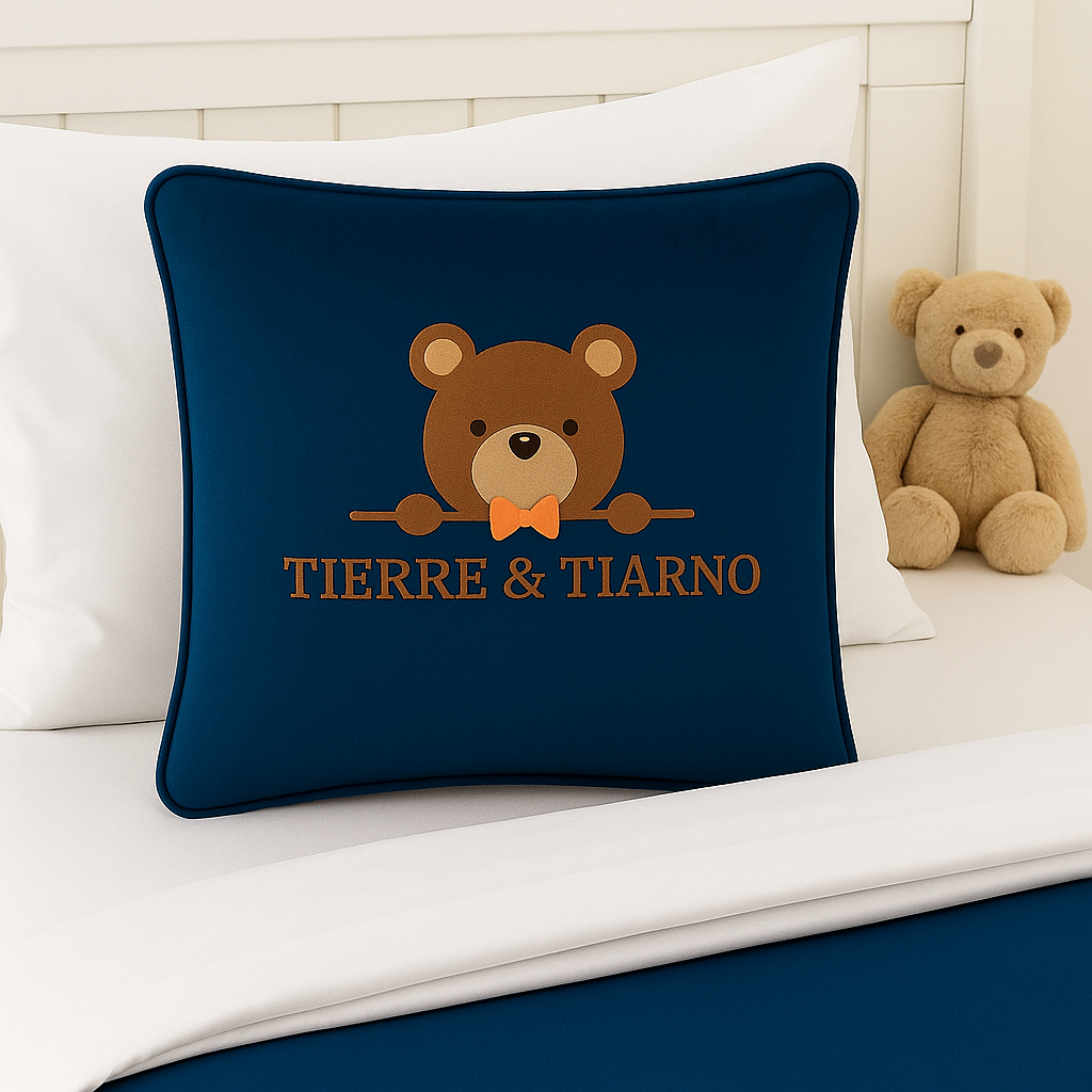 Tierre & Tiarno Signature Navy Blue Luxury Kids Cushion lifestyle shoot