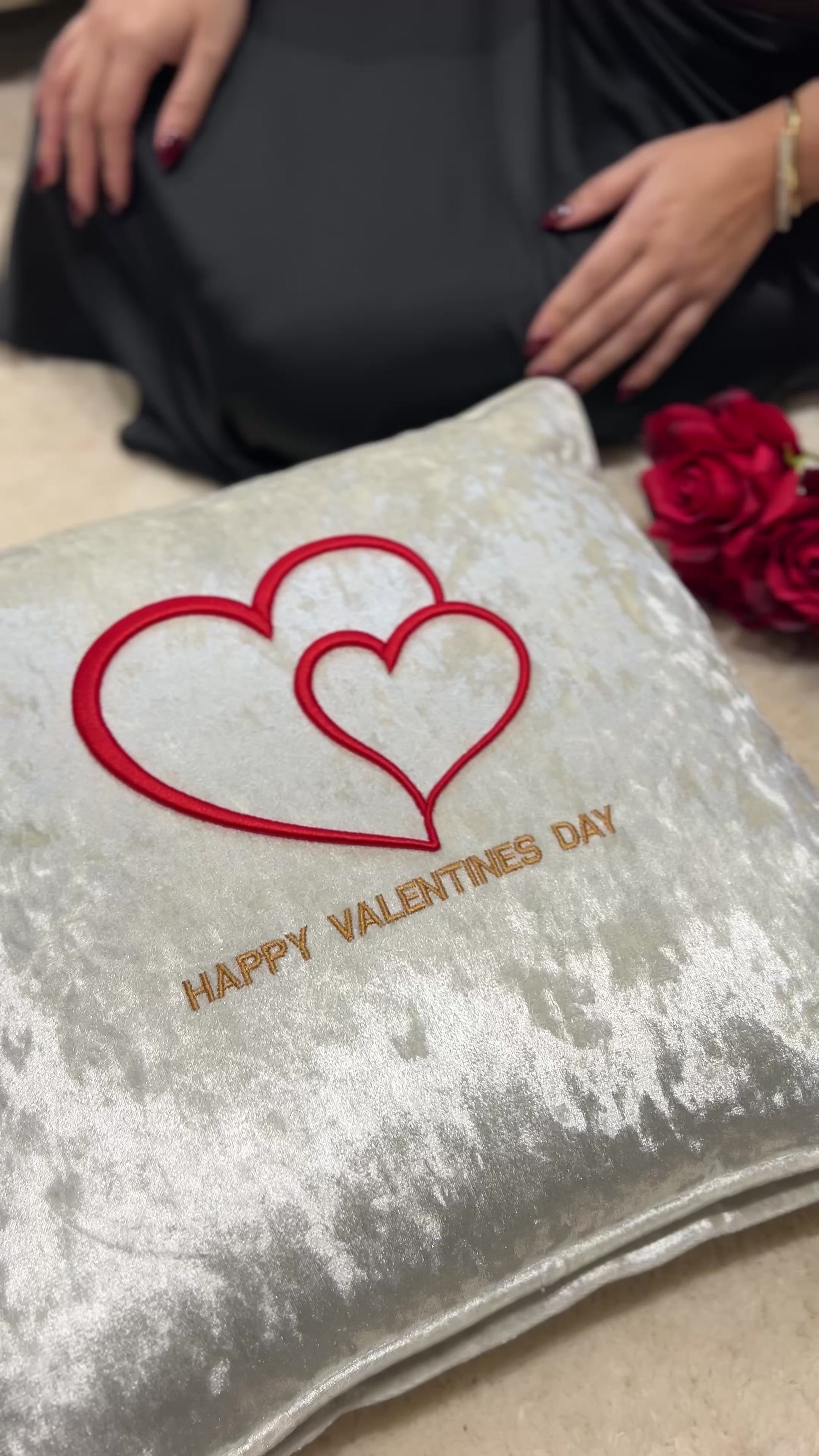 Happy Valentines Day 3D Puff Heart Champagne Velvet Cushion