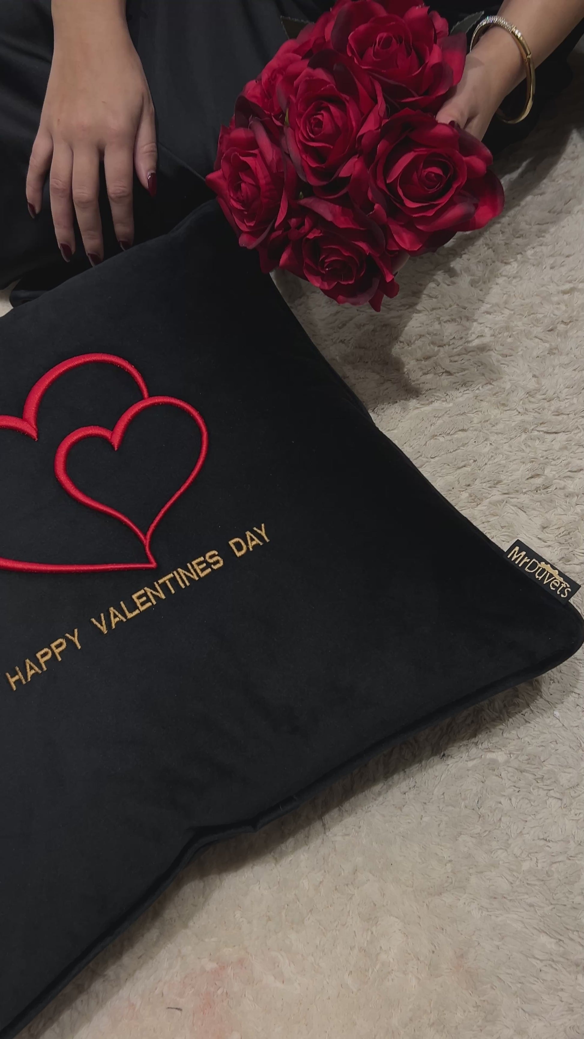 Happy Valentines Day 3D Puff Heart Black Velvet Cushion video 
