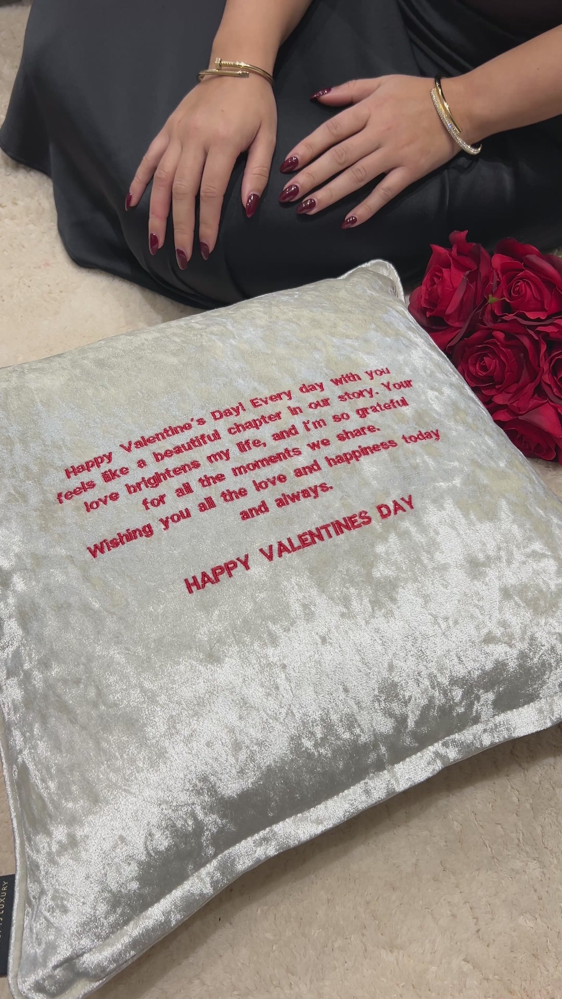 Happy Valentine’s Day Custom Champagne Velvet Cushion