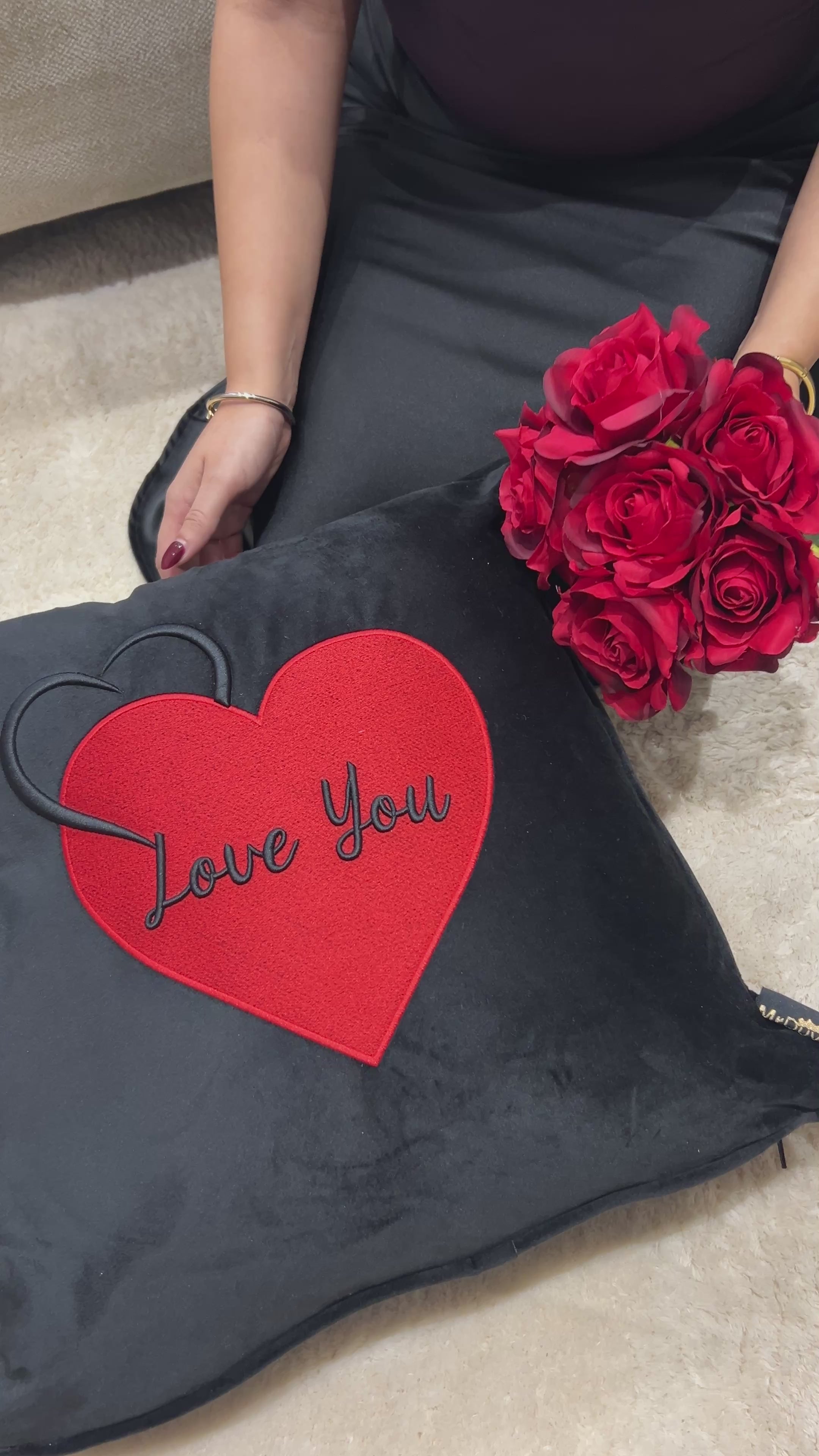 Love You Cushion 3D Puff Heart Black Velvet video