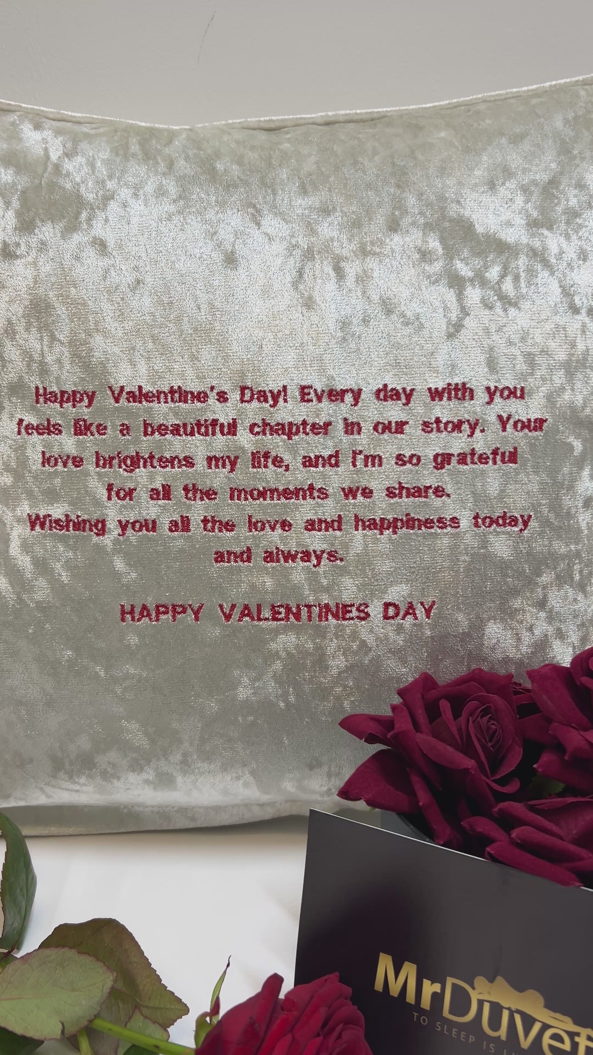 Happy Valentines Day Champagne Velvet Cushion with message
